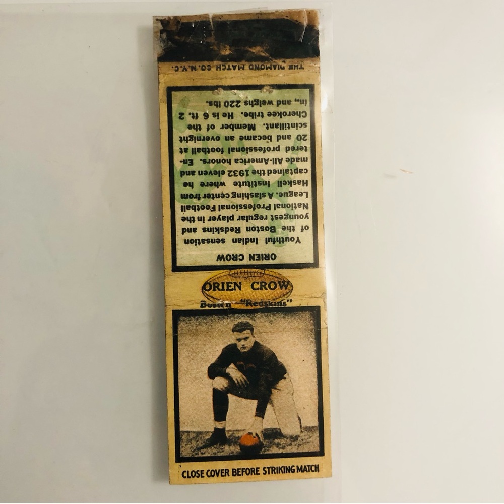 1934 Vintage Orien Crow Matchbook Cover VG 1st Native American Football Player